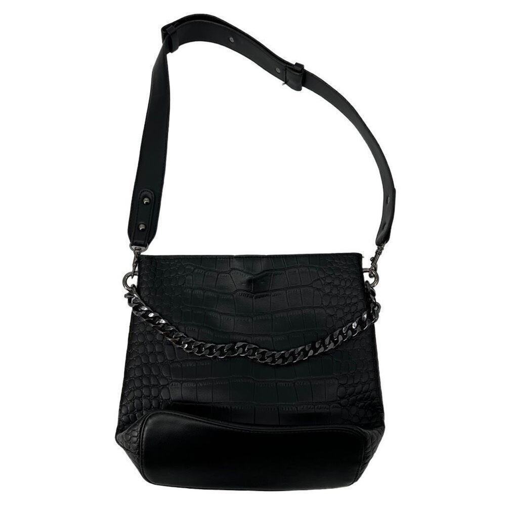 Black Textured Black Chain‎ Detail Shoulder Bag